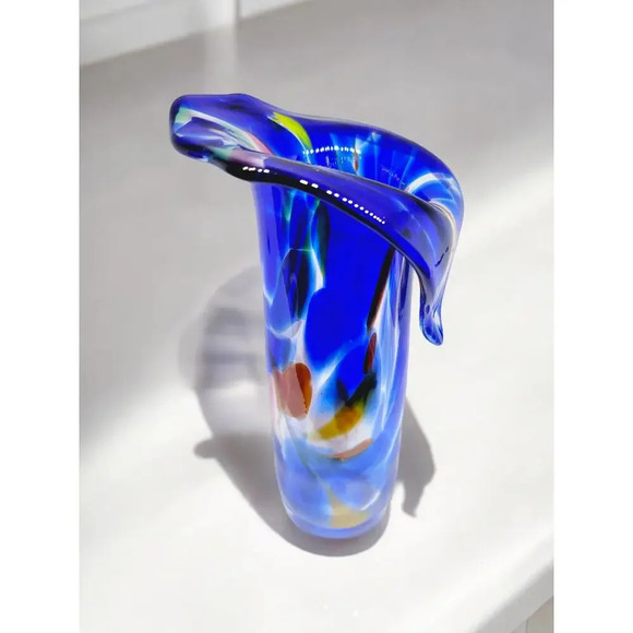 Blue Confetti Jack in the Pulpit Art Glass Hand Blown Vase - Picture 3 of 10